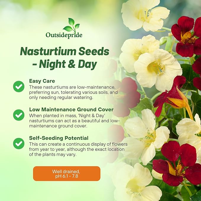 Outsidepride Single Night & Day Nasturtium Seeds - 400 Pcs Annual, Easy to Grow & Versatile, Flower Seeds for Planting Vibrant Blooms, Ideal for Gardens, Borders, and Pollinator Gardens