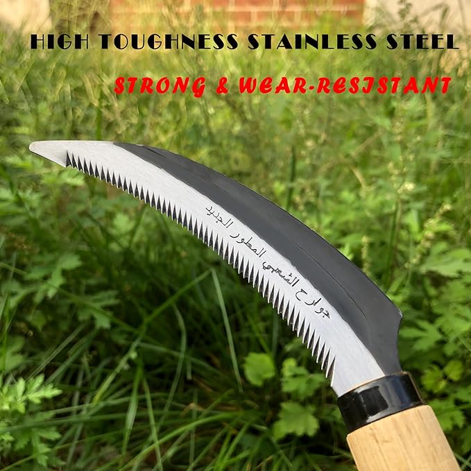 SHANFEEK Grass Sickle with Sawtooth Japanese Weeding Hoe Weeding Tools for Garden High Toughness Stainless Steel with Hard Solid Wood Handle(Beige)