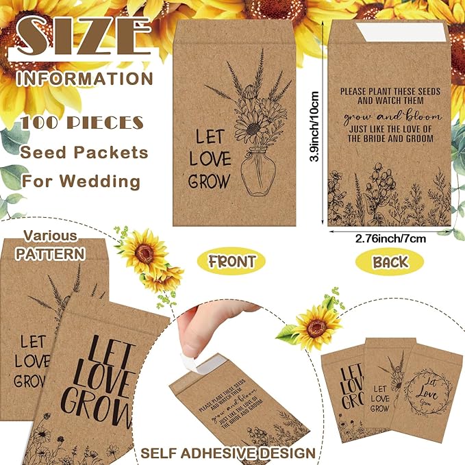 Ireer 301 Pcs Sunflower Wedding Favors for Guests Set Include 1 Wooden Sign 100 Let Love Grow Seed Packets Self Adhesive Wedding Envelopes 100 Let Love Grow Cards 100 Bags for Guest Bridal Shower