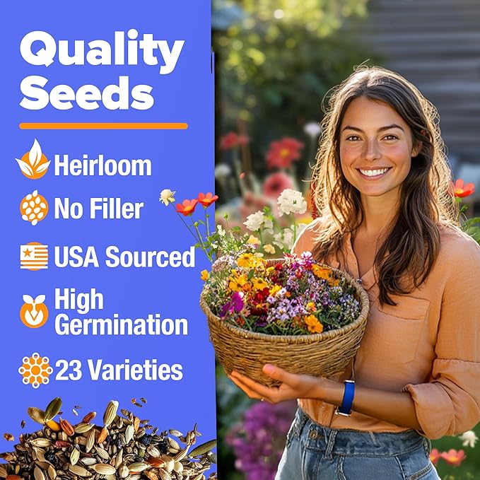 HOME GROWN Premium Wildflower Seeds Bulk - 134,000+ Non-GMO USA Native Seeds for Planting Outdoors - 23 Varieties Wild Flower Mix for Butterfly Garden, Perennial & Annual Flowers (3oz)