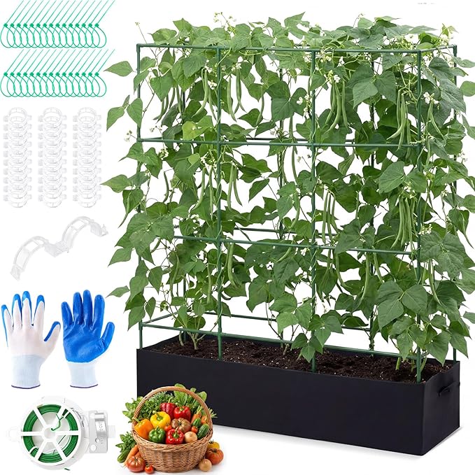 BreezeHug Garden Tomato Cages with 46 Gallon Grow Bags, 66" Height Adjustable Square Plant Support Trellis Large Steel Plant Tower Stakes for Climbing Vegetables Cucumber Squash Pea Flowers Fruits