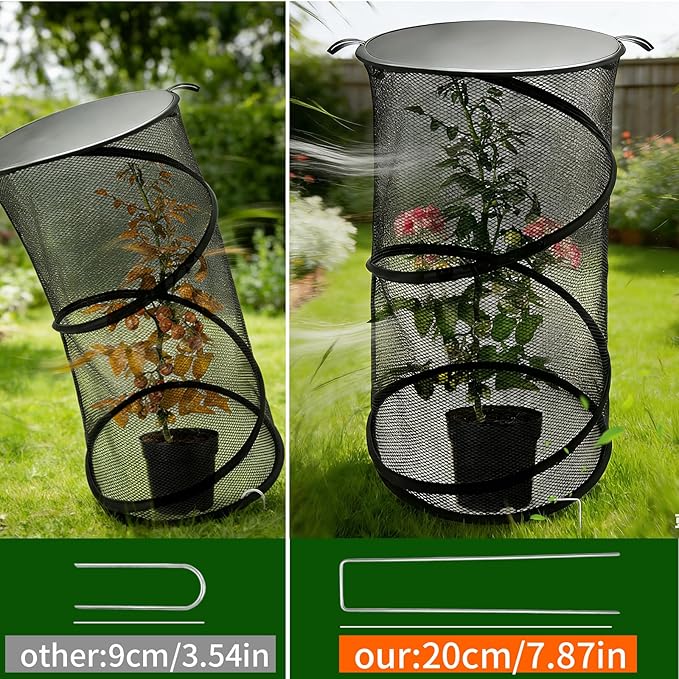 MDEOOSKY 4 Pack Pop Up Plant Covers Tent with Lid, 23.6"x11.8" Round Insect & Bird Barrier Mesh, Garden Protector Cage with 16 Ground Stakes, Foldable for Outdoor & Indoor Plants, Black