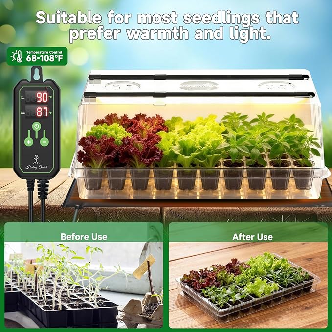 Large Seed Starter Tray with Grow Light and Thermostat Controller Heat Mat, 10"x 20.75" Heat Mats for Plant Growing，68-113°F Adjustable，Color Change Grow Lights，Germination Trays Kits
