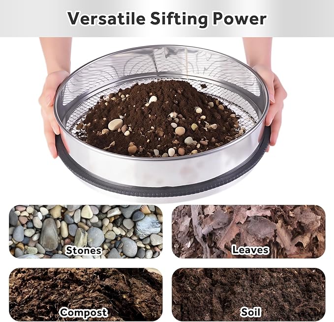 3PCS Thickened Soil Sifter, Dirt Sifter & Rock Sifter Set with 3 Removable Mesh Screens (3mm, 6mm, 9mm) - Reinforced Frame Fits 5 Gallon Bucket
