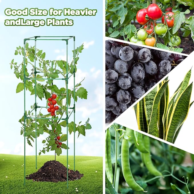 Menkxi 8 Pack 48 Inch Square Tomato Cages for Garden Heavy Duty Plant Cages Plant Support Stake Tower Climbing Vegetables Fruit Plants Cages with 200m Garden Wire 100 Cable Ties 50 Green Plant Clips