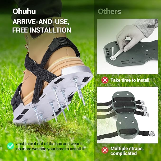 Ohuhu Metal Lawn Aerator Shoes, Upgraded Aluminum Aerating Shoe with 2.2" Durable Spikes, Free-Installation Spiked Sandals with Stainless Steel Shovel for Yard Patio Garden Grass