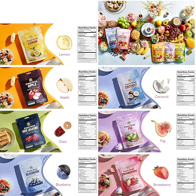 SUNGIVEN Freeze Dried Fruit Mixed for Beauty, Variety Pack of 12 Bag, 7 Kinds of Fruit, Health Snack, Rich in Vitamins, Apple Strawberry Blueberry Lemon Coconut Fig Red-Dates, No Sugar Added, 9.7 oz
