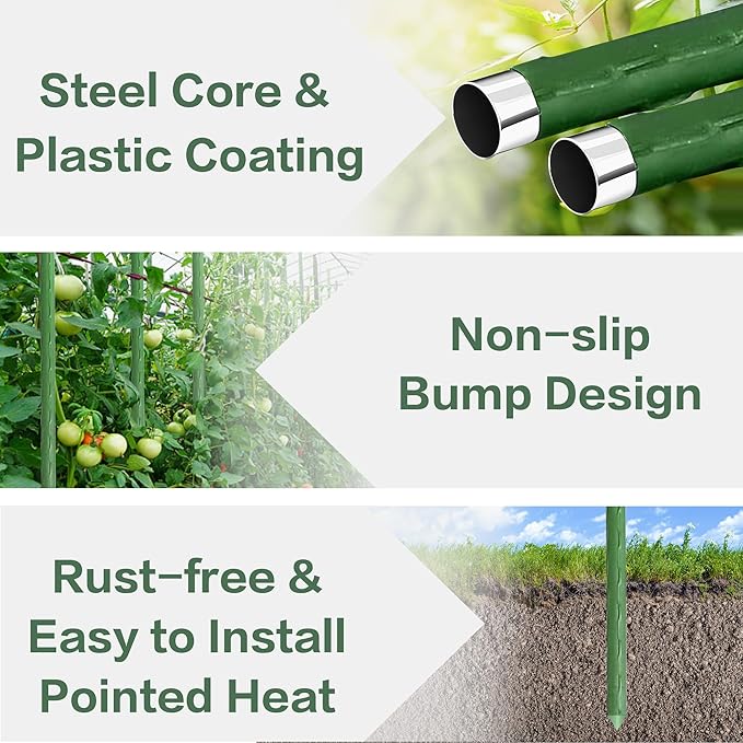BOTINDO 72 Pcs Garden Stakes 30 Sets 16 Inch Steel Tomato Plant Stakes and Accessories, DIY 4ft 5ft 6ft 7ft Plant Stakes Sticks Supports for Outdoor, Gardening, Vegetables, Pepper, Fences (16 inch)