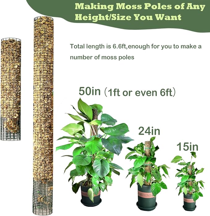 Moss Pole DIY Kit, 6.6/13.2/26.4ft Metal Moss Pole for Plants Monstera, 2Pcs 8.3in×3.3ft Steel Mesh with Plier, Cable Zip Ties, Sphagnum Moss Pole (6.6ft Wire Mesh with Plier)