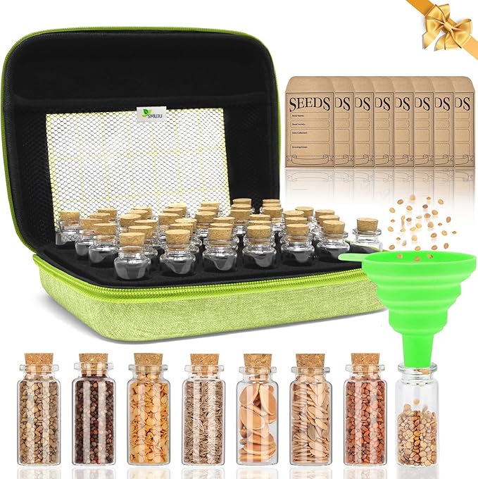 SMUJU 40 Slots Seed Storage Organizer with 20 Seed Envelopes, Sturdy Organizer Storage Box with Label Stickers, Glass Container for Flower Vegetable Garden Seed Saving (Seeds not Included)