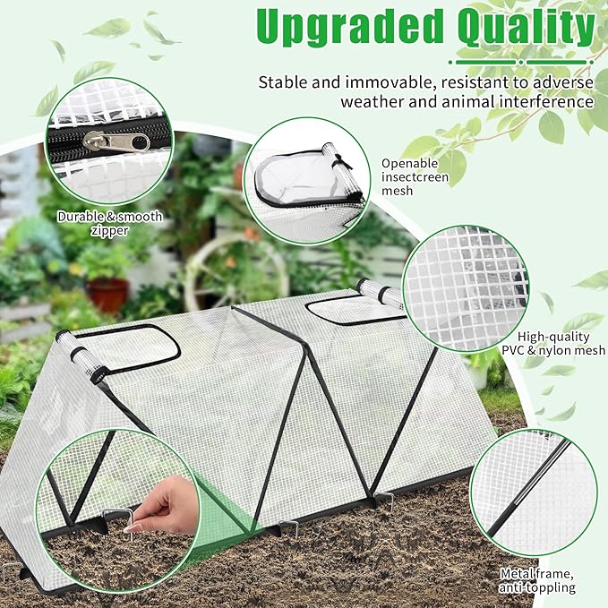 2Pack Foldable Garden Plants Covers with Two Dual Layer Skylights, 47.2" X 14.2" X 13" Raised Bed Greenhouse Cover, Garden Frost Protection for Vegetable Flower Fruits from Animals, Include 16 Stakes