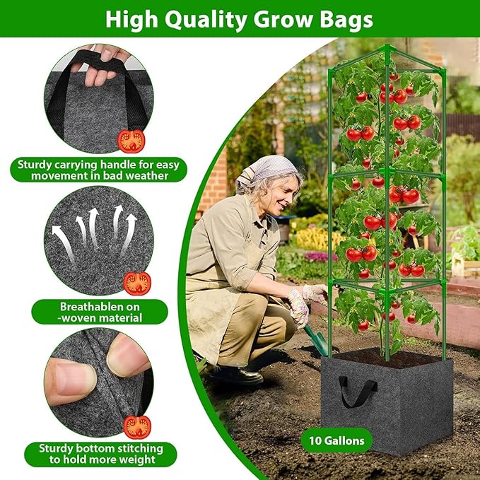Tomato Cages for Garden with 3 Grow Bags 10 Gallons, 3 Pack Metal Tomato Cage Trellis, Garden Cage Heavy Duty Tomato Stake Support
