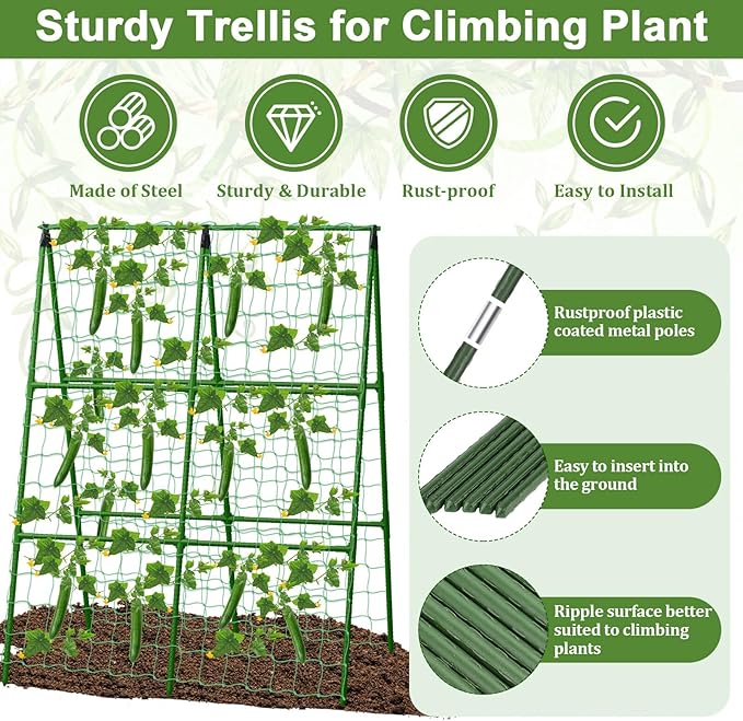 Cucumber Trellis for Garden, 34 X 47 Inches A Frame Gardening Trellis with Fabric Raised Garden Bed, Climbing Net and Plant Support Clips for Climbing Plants