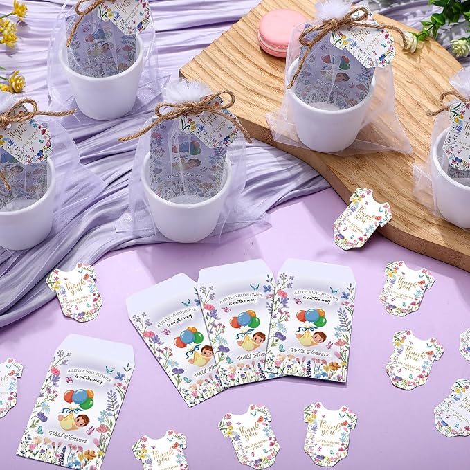 50 Sets Baby Shower Seed Packet a Little Wildflower is on The Way Party Favor Seed Packets White Flowerpot Thank You Tags and Organza Bags for Wildflower Baby Shower