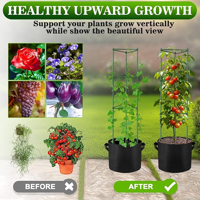 NNG 2 Packs 48 inches Tomato Cages with 10 Gallon Grow Bags,Garden Plant Support Cages,Plant Tower Stakes Garden Trellis for Climbing Plants,Tomato Plant Trellis for Vegetable Fruits Vines