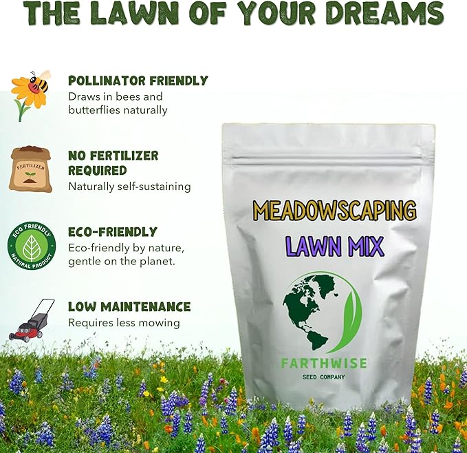 Earthwise Meadowscaping Alternative Lawn Seed Mix – 1/2 lb Native Blend for Low-Maintenance Lawns – Covers 500 sq ft