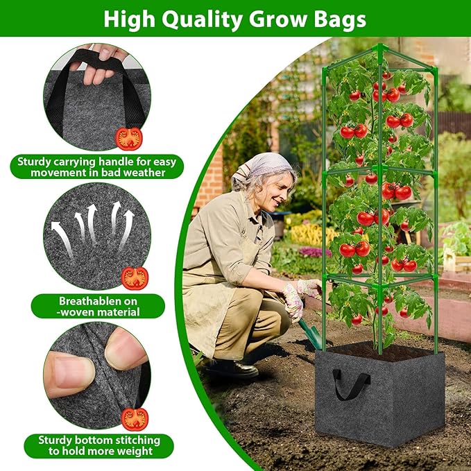 Tomato Cages for Garden with Grow Bags, 2 Pack Tomato Cage Trellis, Garden Cage Heavy Duty Tomato Stake Support, Plant Cage for Pots Plants Vegetable