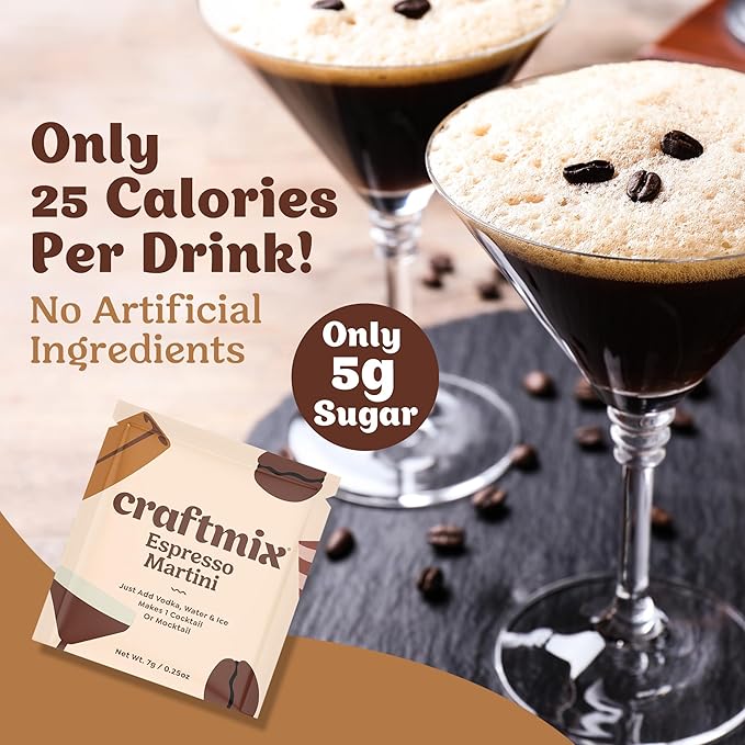 Craftmix Espresso Martini Cocktail & Mocktail Drink Mixer, Skinny Mixes - Water Flavoring Packets - Made With Real Coffee Beans - Vegan, Low-Carb, Low-Sugar, Non-GMO, Dairy Free, Gluten Free, 12 Pack