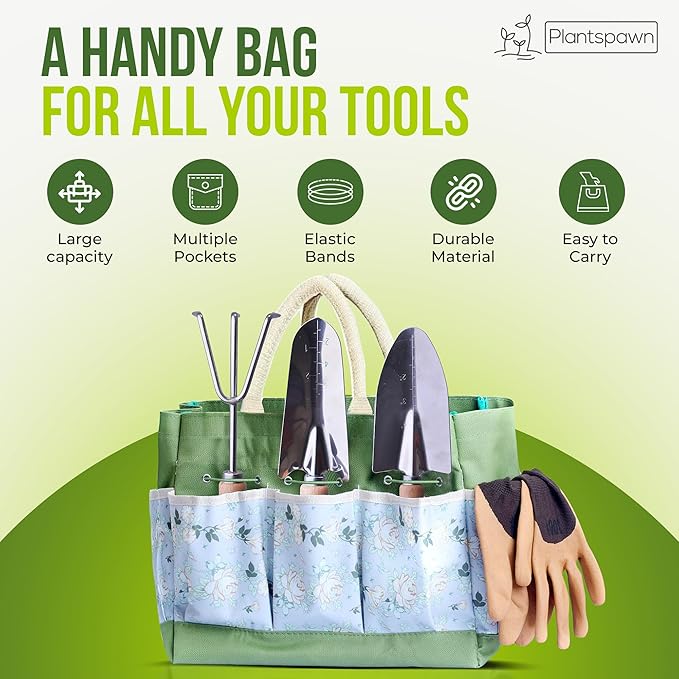 9 PCS Gardening Tools Set with Bag | Heavy-Duty Rust-Proof Hand Tools, with Wooden Handles 15 Plant Tags Included | Garden Tools, Gardening Essentials, Garden Supplies Gift for Men, Women & Gardeners