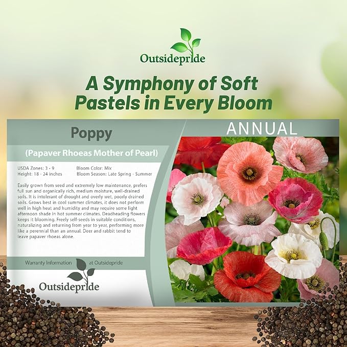 Outsidepride Mother of Pearl Poppy Seeds for Planting - 1,000 Pcs Annual, Drought-Tolerant & Easy to Grow Wildflower Seeds with Vibrant Mix Blooms for Landscaping, & Pollinator Garden