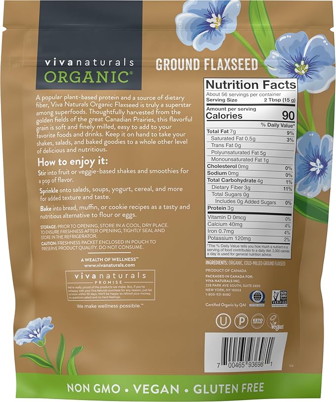 Viva Naturals Organic Ground Flaxseed, 30 oz (850 g) – Plant-Based Protein, Vegan Omega-3 & Fiber, Finely Milled Flax Seeds, Perfect for Smoothies & Baking