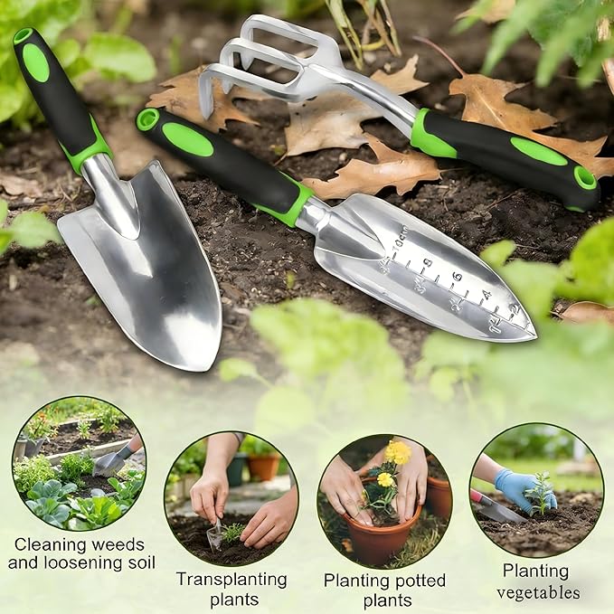 Garden Tools Set, 3-Piece Heavy Duty Gardening Hand Tools, Rust-Proof Cast Aluminum Construction with Soft Non-Slip Rubber Grips, Ideal for Digging, Planting, Weeding & Transplanting (Green)