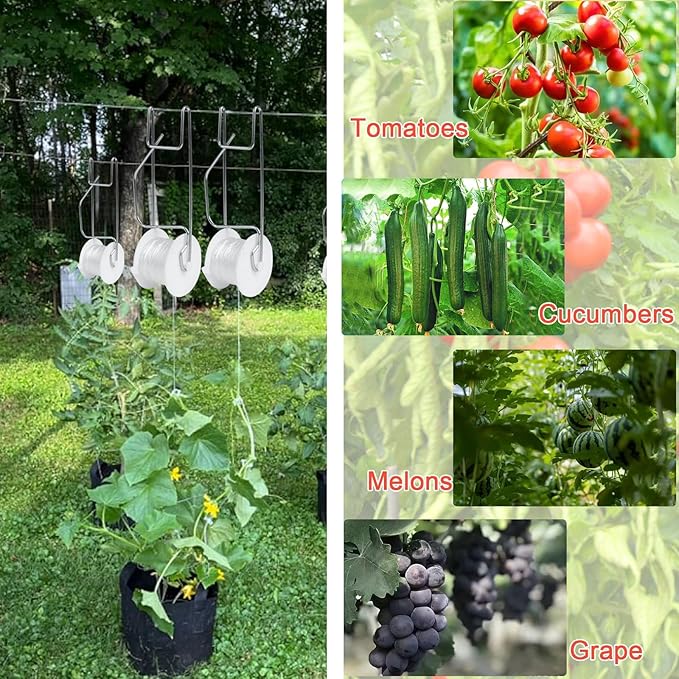 Tomato Support Hooks with String,20 Pack Tomato Trellis Roller Hooks with 49.2FT String for Plant,Greenhouse Tomato Flower Vine Twine Crop Trellis Kit Plant Roller Hook