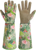 HANDLANDY Leather Gardening Gloves for Women, Scratch Resistant Breathable Ladies Rose Pruning Garden Gauntlet Yard Gloves, Gift for Gardeners (Khaki, XL)