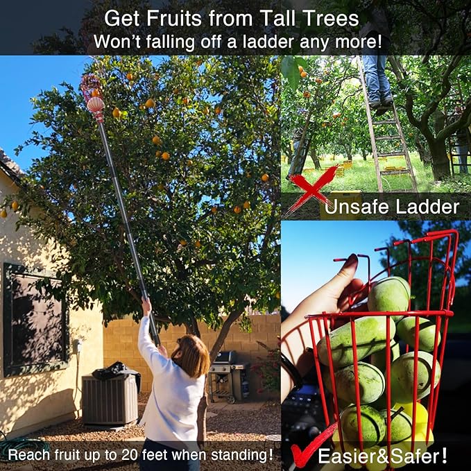 DonSail Fruit Picker Pole with Basket Telescoping, Citrus Orange Picker Pole with Basket 35-150 inch Long Handle, Mango Avocado Fig Acorn Pear Pomelo Chery Lemon Picker for Tree