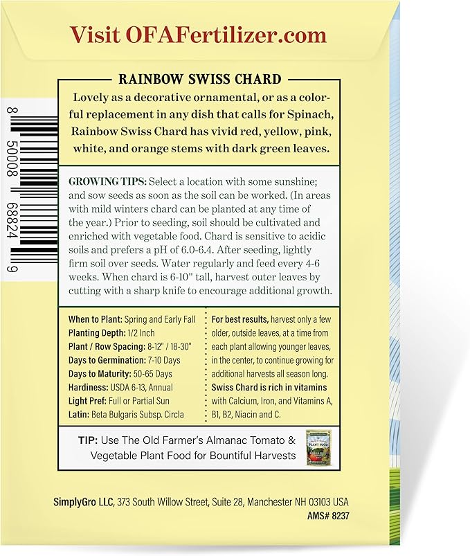 The Old Farmer's Almanac Heirloom Swiss Chard Seeds (Rainbow Mixture) - Approx 120 Seeds - Non-GMO, Open Pollinated, USA Origin