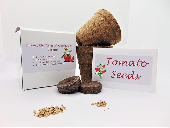 Joyous Jiffy "Tomato" Collection #1 - (2) Round 3x3 Jiffy pots, (2) Soil Peat Pellets, (1) 25+ Roma Tomato Seed Pack and (1) 25+ Yellow Pear Tomato Seed Pack. - Country Creek LLC