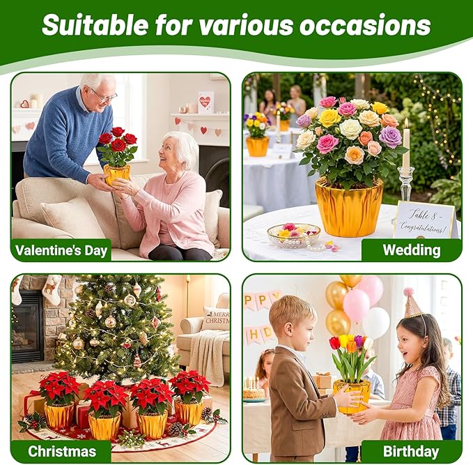 4 Pack Plant Pot Covers, Decorative Plant Sleeve Fit for 4.5 Inch Pots, Reusable Golden Cloth Wrap for Potted Plant, Versatile Planter Cover for Weddings Parties and Holidays (Fit for 4.5" Pots)