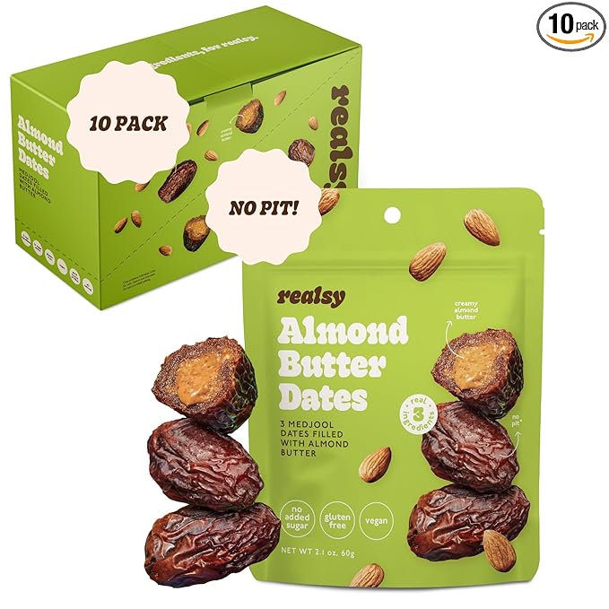 Realsy Almond Butter Stuffed Medjool Dates, Organic Dates with No Sugar Added, Gluten-Free, Vegan, Good Source of Fiber, Low Glycemic Index, All Natural Healthy Snack, (10 Pack)