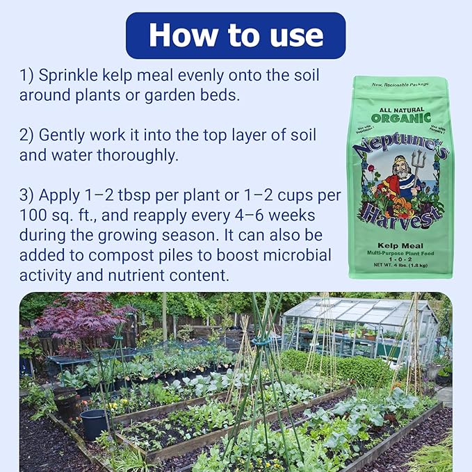 Neptune’s Harvest Organic Kelp Meal Plant Food (1-0-2) - 4 lb Resealable Bag - Multi-Purpose Seaweed Fertilizer - Indoor & Outdoor Plant Fertilizer for Lawns, Gardens, Vegetables & Bulbs