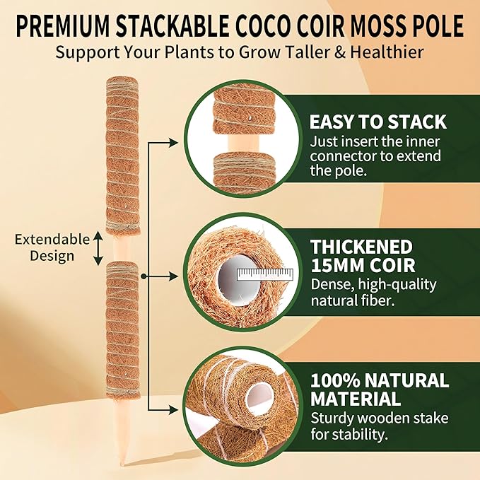 Moss Pole Monstera Plant Support, All Growth Stages – 4 Pack (28” Bendable Poles + 12'' Stackable Coir Poles, Thickened Aluminum Core Stakes, Tall Plant Sticks Support for Climbing Plants)