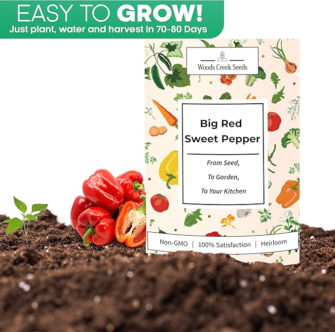 Woods Creek Seeds: Big Red Sweet Pepper Seeds for Planting - Non-GMO and Heirloom Bell Pepper Seeds for Planting Outdoors or Indoors for Home Plant Gardens - Large and Blocky Bell Peppers Seed Pack