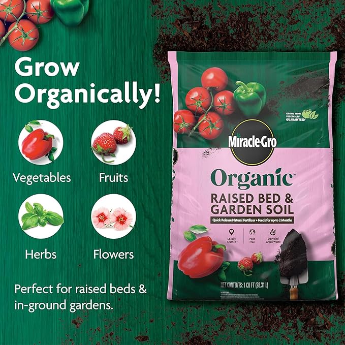 Miracle-Gro Organic Raised Bed and Garden Soil with Quick Release Natural Fertilizer, Peat Free, Feeds Plants Up to 2 Months, OMRI Listed, 1 cu. ft.