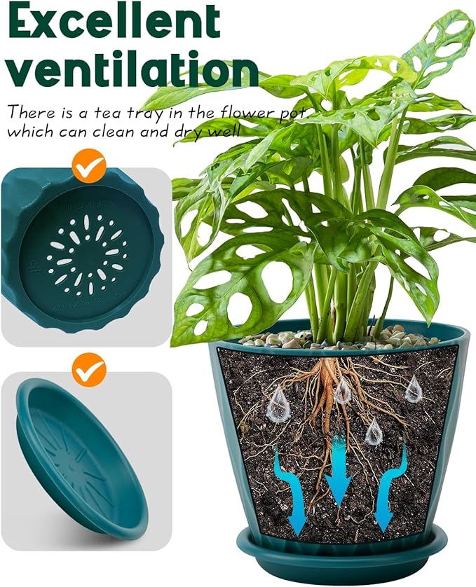 4 Inch Plastic Planter Pots with Drainage Holes & Saucers, Indoor/Outdoor Flower Pots for Plants, Succulents, Herbs, 5 Pack Set