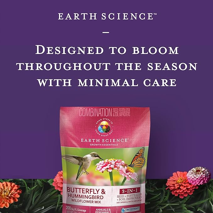 Earth Science Wildflower Butterfly & Hummingbird Mix—6 lb— 3-in-1 Premium Wildflower Seed, Plant Food and Soil Conditioners, Non-GMO for Bees, Hummingbirds, Butterflies, Pollinators