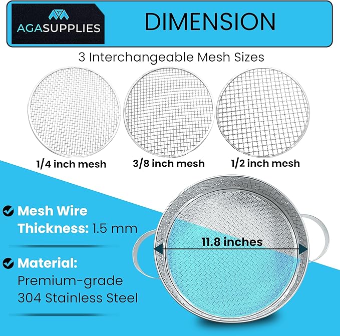 Soil Sifter Set with Handles & 3 Replaceable Mesh Sifters – 30 Cm Stainless Steel Soil Sifter for Gardening, Compost & Bonsai – Large Garden Sifting Tray for Topsoil, Rocks & Sand – Mesh Sieve Set