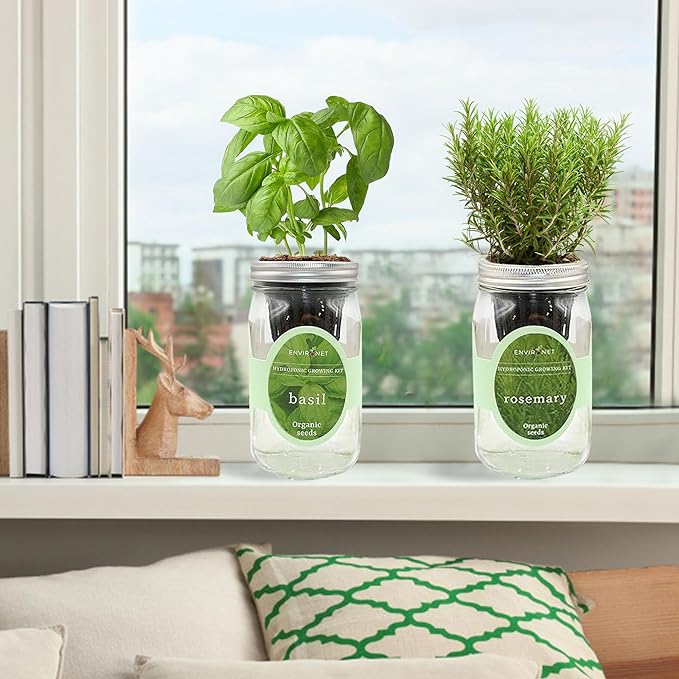 2-Pack Hydroponic Mason Jar Herb Garden Kit, Indoor Herb Garden Self-Watering Starter Kit, New Christmas Gift for Mom (Basil,Rosemary)