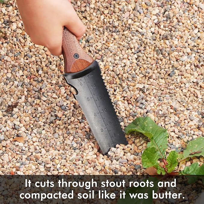 Restmo Hori Hori Garden Knife with Sheath, Durable Weeding & Planting Tool with Dual-Edge High-Strength Stainless Steel Blade, Depth Gauge, Ergonomic Walnut Handle for Gardening