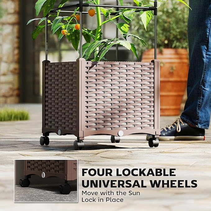 Outsunny Raised Garden Bed with Trellis, 71.7" Tomato Cage with Lockable Wheels, Self Watering Outdoor Planter Box with Drainage Holes and Plugs for Climbing Plants, Vines, Vegetables, Flowers, Brown