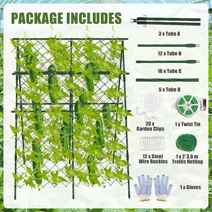63"H x 47"L Cucumber Trellis for Raised Bed, Adjustable Garden Trellis for Climbing Plants Outdoor with Climbing Net and Plant Support Clip, A-Frame Trellis for Vegetable, Cucumbers, Tomatoes