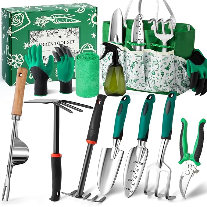 Garden Tool Set, 12-Piece Complete Stainless Steel Gardening Essentials, Heavy Duty Garden Tools with Large Storage Tote, Gardening Gifts for Women, Men, Mom & Dad Beginners Gardeners, Green