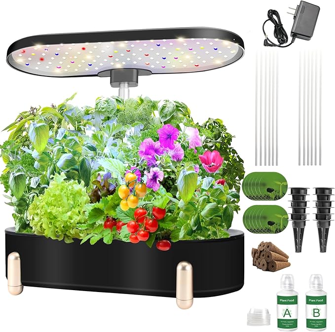 Hydroponics Growing System Indoor Garden 12 Pods Plant Germination Kit Aeroponic Herb Vegetable Growth Lamp Countertop with LED Grow Light (Black)
