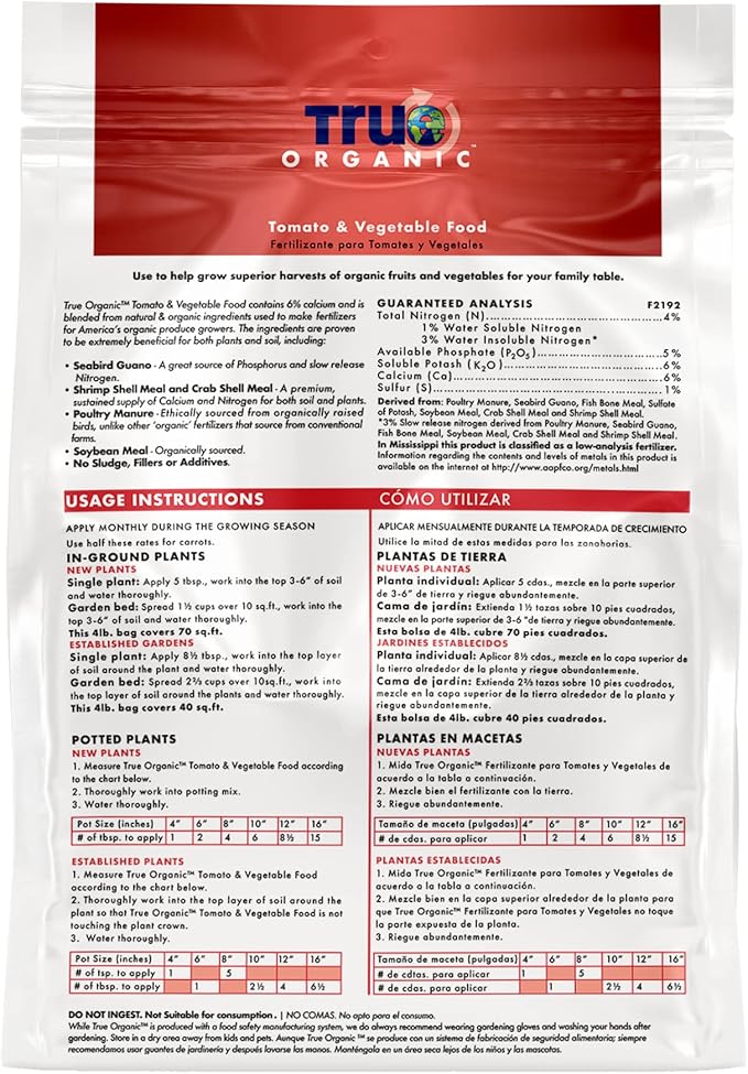 True Organic Tomato & Vegetable Food – Organic Fertilizer for Superior Harvests with 6% Calcium – 12lb Bag Covers 210 sq. ft.