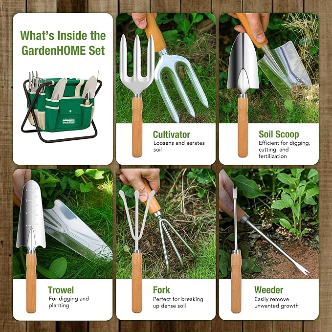 GardenHOME 7-Piece Green Gardening Tool Set – Stainless Steel Tools with Wooden Handles, Folding Stool & Canvas Tote, Durable Garden Kit for Every Gardener