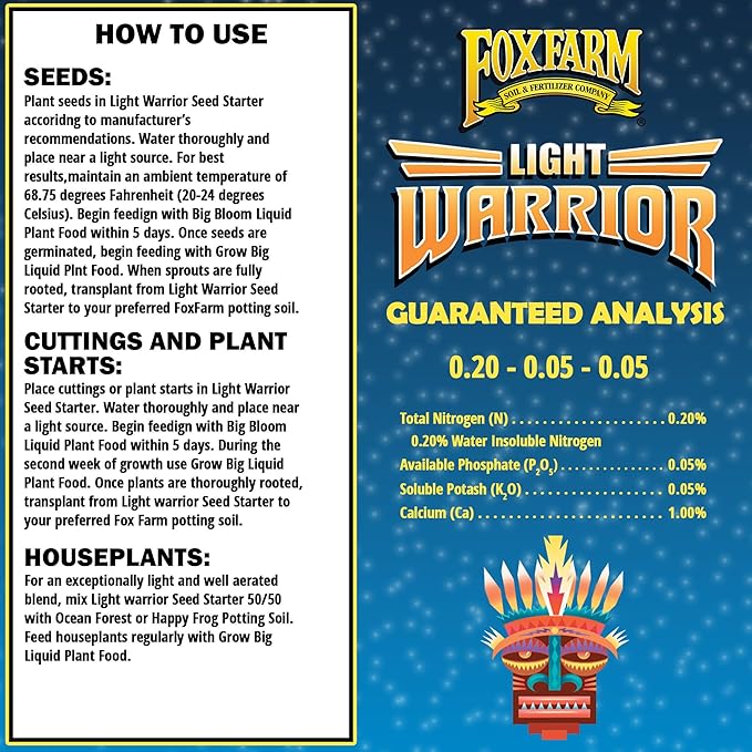 FoxFarm Light Warrior Seed Starter Growing Medium, 12 Quart - Beneficial for Seed Germination and Root Development, Indoor/Outdoor Cultivation - Ideal Nutrition for Plant Seedlings