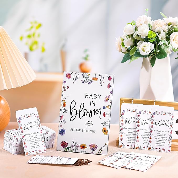 Maitys 100 Pcs Baby Shower Seed Packets Favors for Guests Baby in Bloom Wooden Sign Self Adhesive Envelopes Packet Storage Decor, No Seeds(Boho Wildflowers)